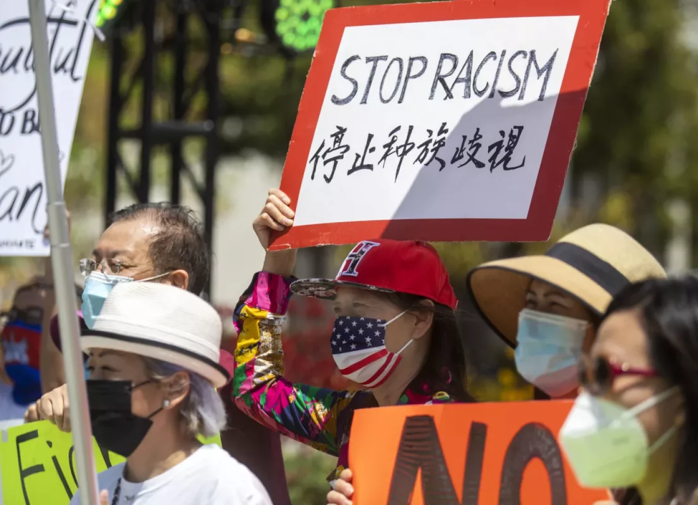 Linda Shen, center, of Alhambra participates in a demonstration in Los Angeles against anti-Asian violence on May 8, 2021. (Francine Orr / Los Angeles Times)
